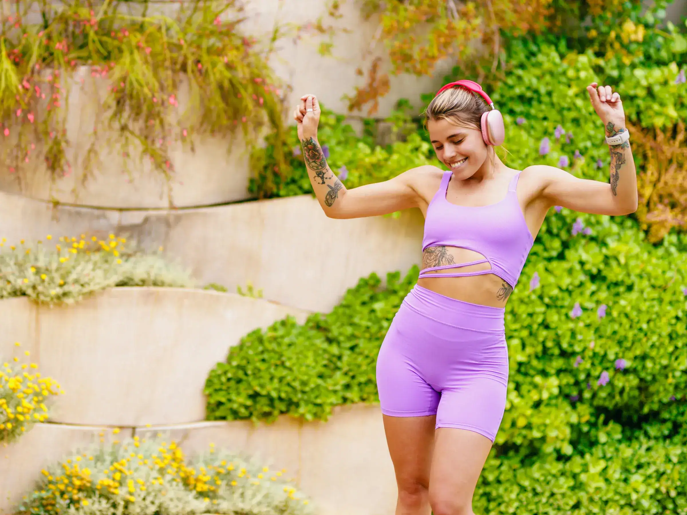 An outdoor workout in a garden