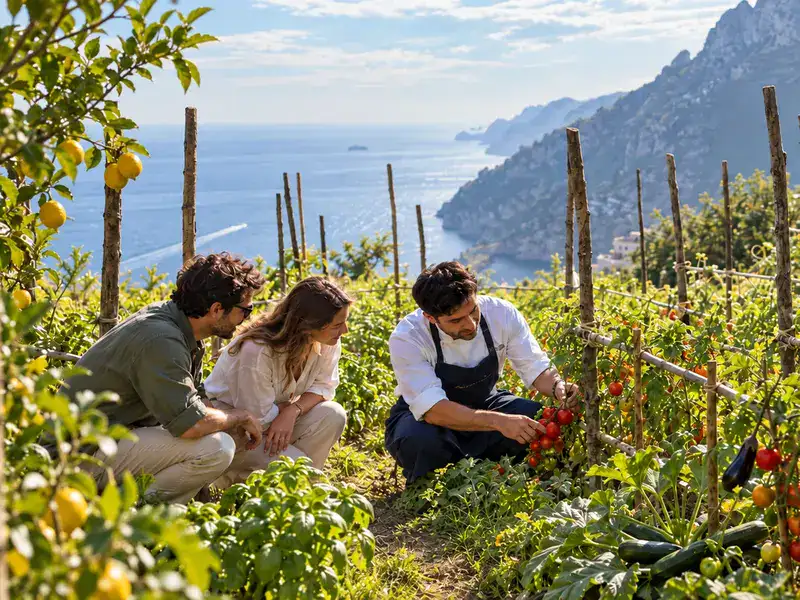 Guests and a chef among the vegetable beds, with the coast behind