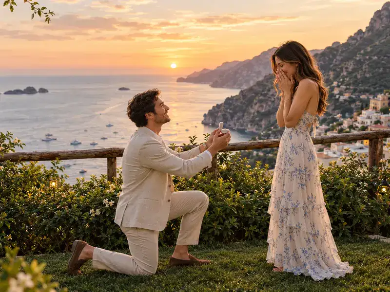 A proposal in the garden at sunset, facing the sea